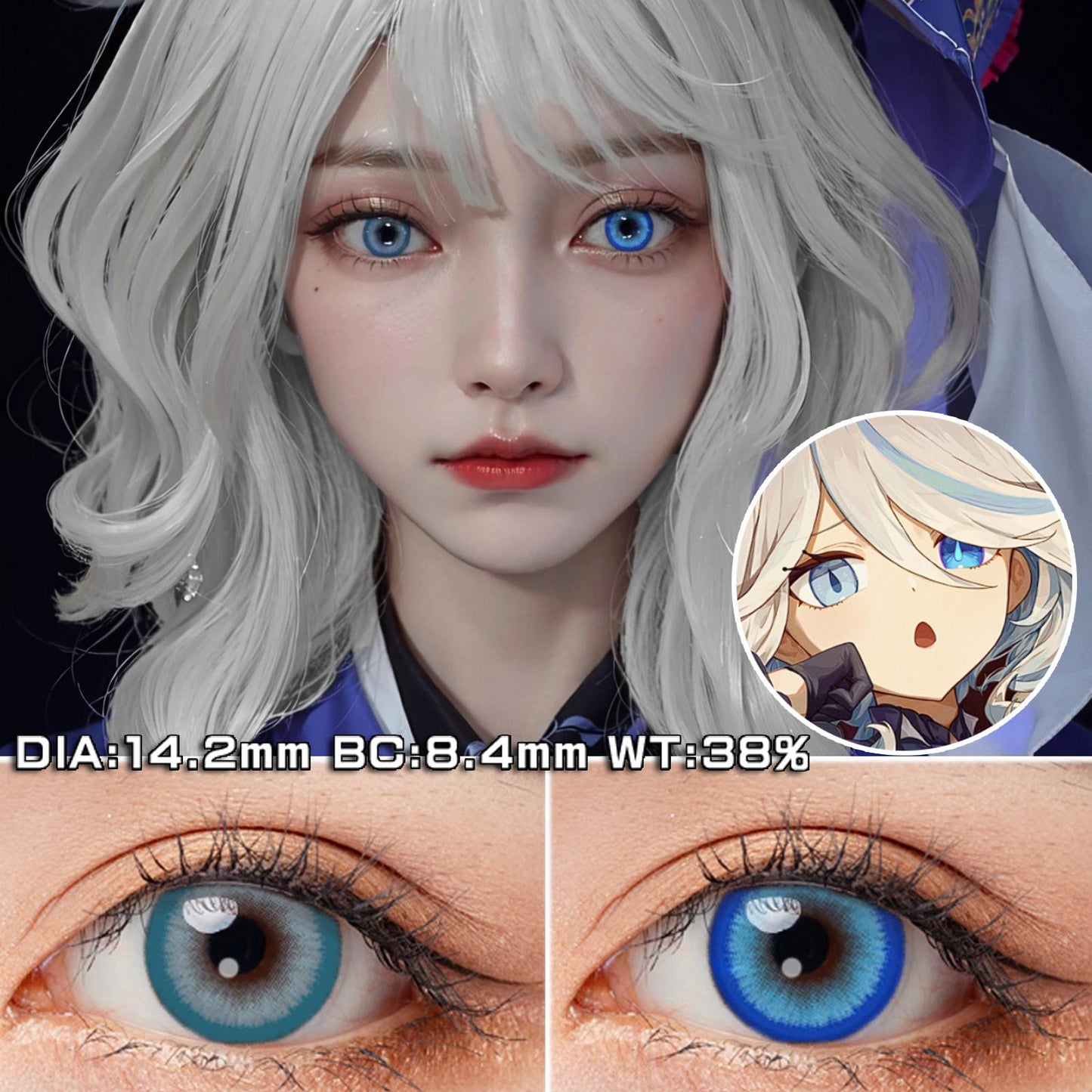 1pair Blue Colored Contact Lenses Genshin Furina Cosplay 14.2mm